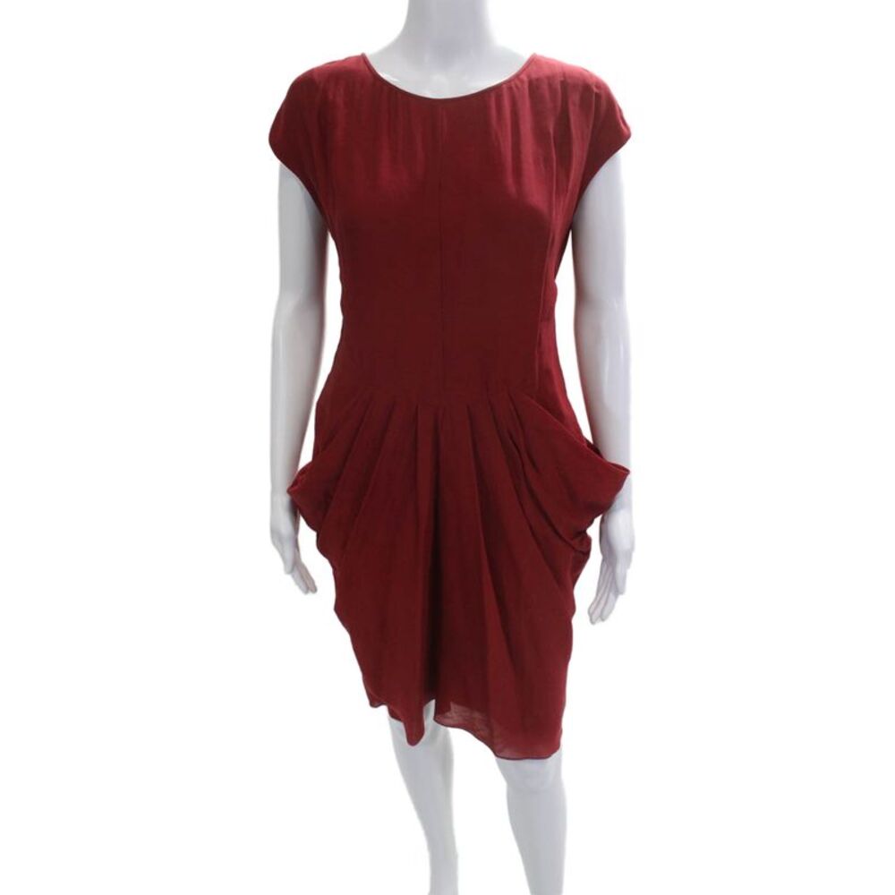Sari Gueron Women Sheath Dress Red Silk Cotton Short Sleeve Zip Size 6